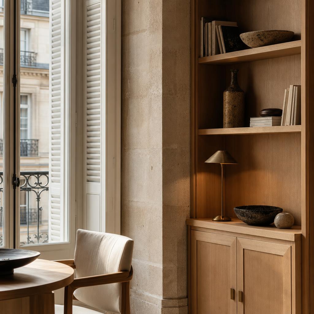 Salon d’inspiration française avec rangements intégrés en chêne et finitions naturelles