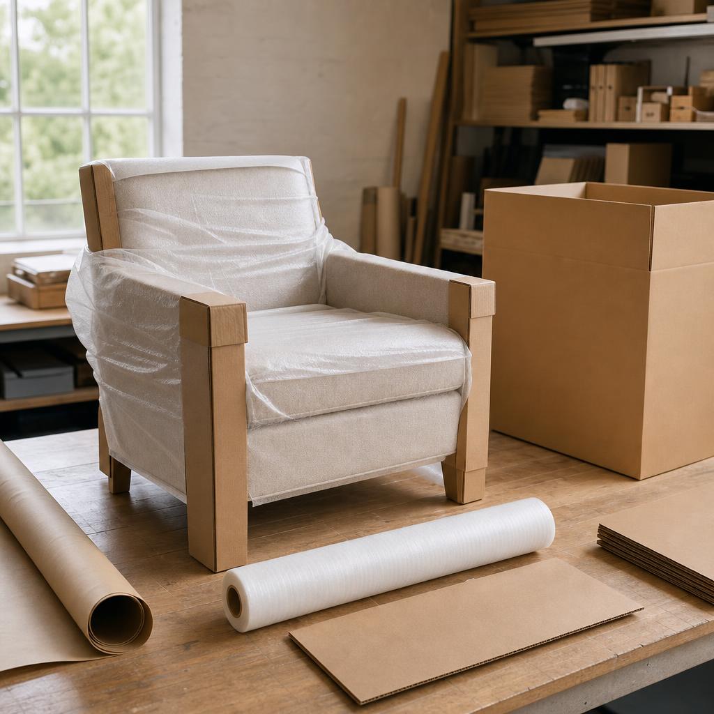 Fauteuil rembourré protégé par un emballage avant sa livraison