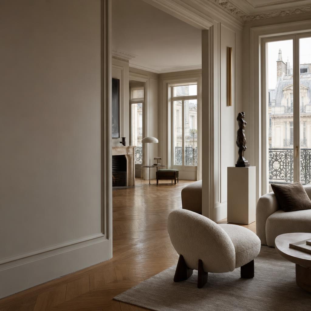 Salon d’inspiration française avec de grandes fenêtres et un mobilier contemporain